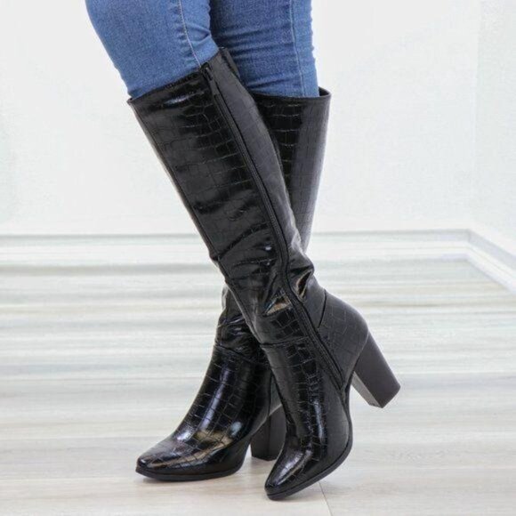 Black Pointy Croc Texture Boot Faux Shiny Leather - Picture 11 of 15